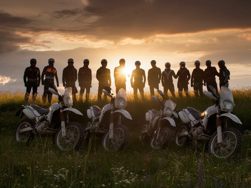 Skupina motorkárov pri západe slnka – spoločná fotka